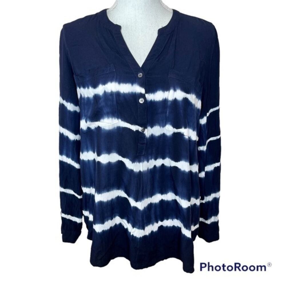 Mystree Stitch Fix Blue Tie Dye Business Casual Dark Blue Coastal Beach Blouse S
